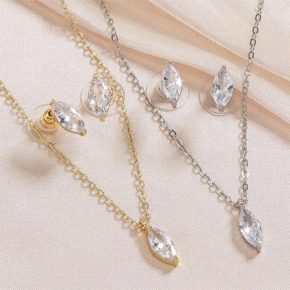 Marquise Crystal Necklace and Earring Set Silver