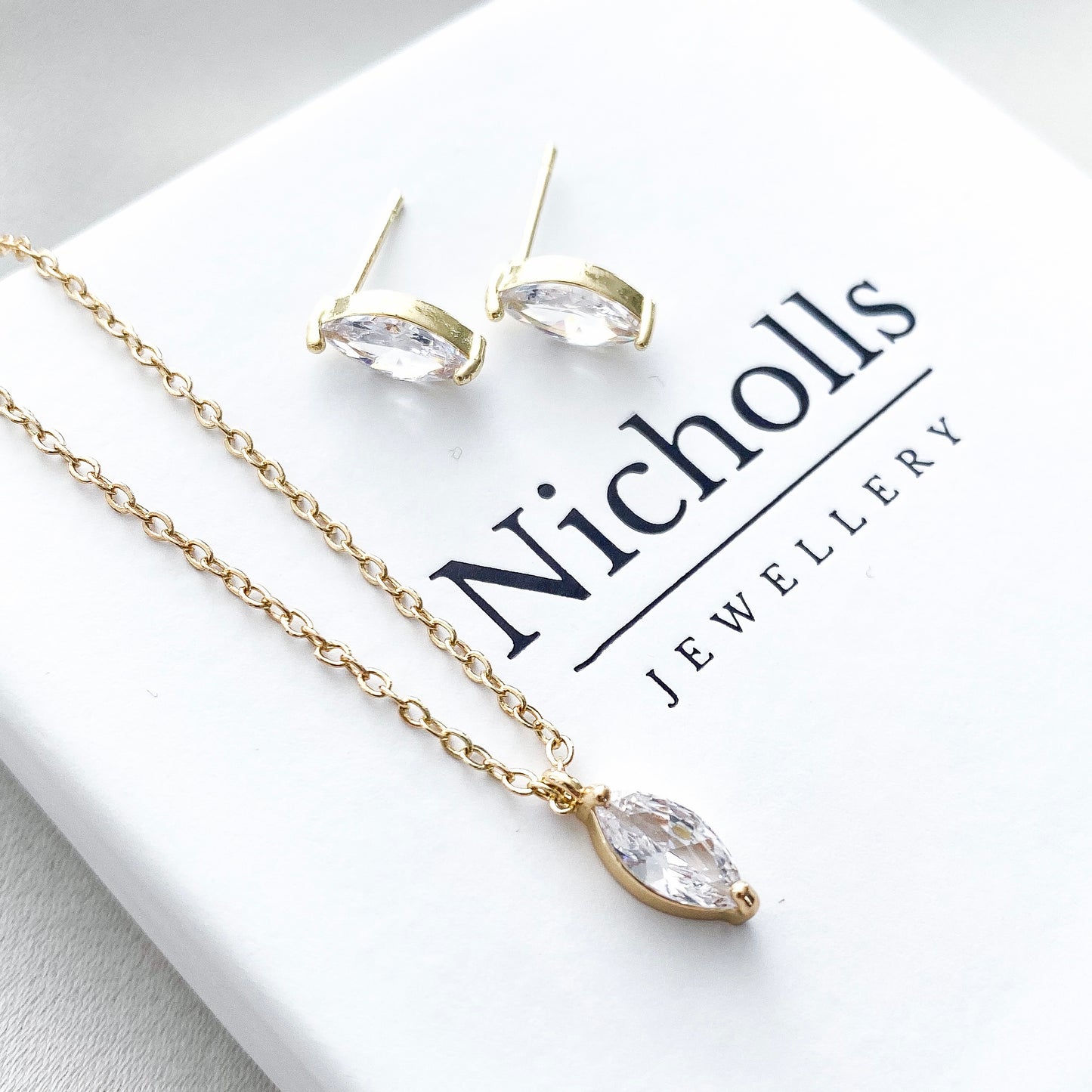 Marquise Crystal Necklace and Earring Set Gold