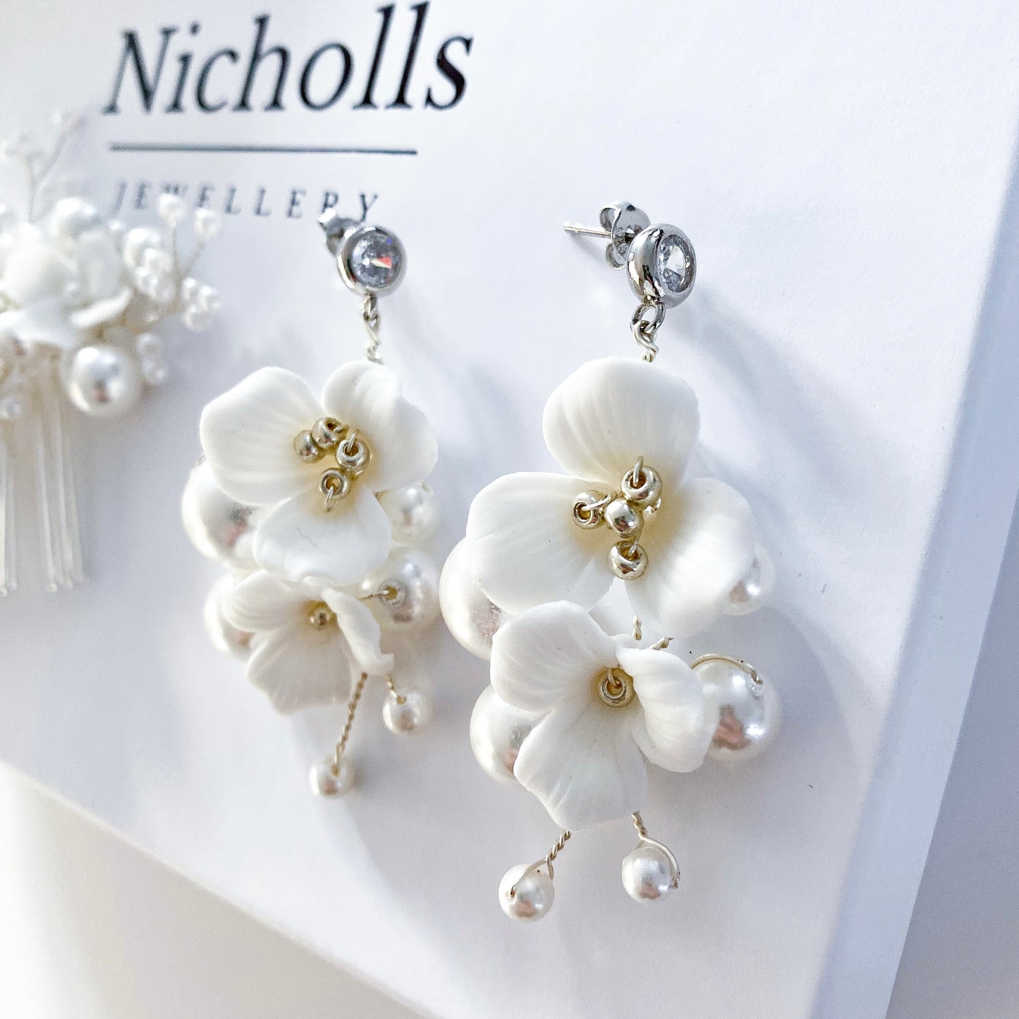 Porcelain Flower and Pearl Spray Earring and Comb Set