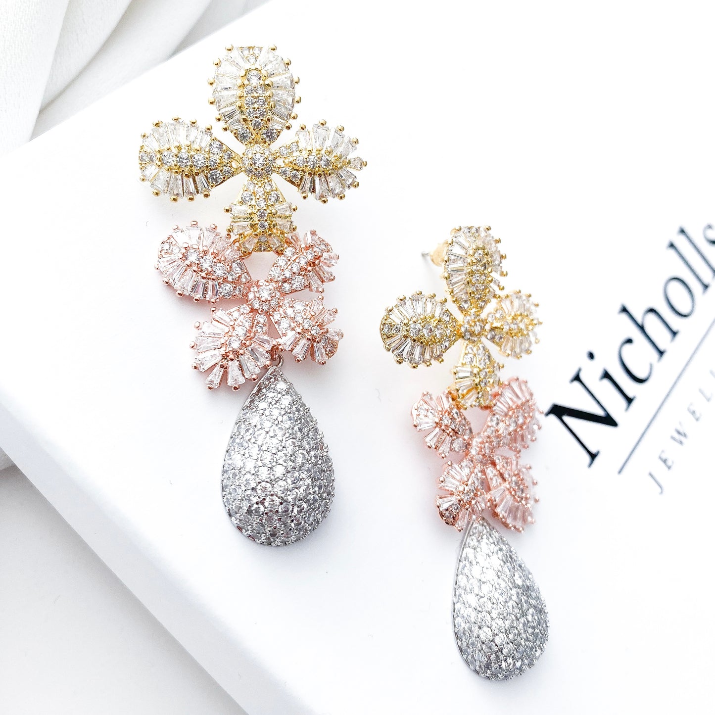 Deluxe Gold, Rose Gold and Silver Crystal Flower Earrings