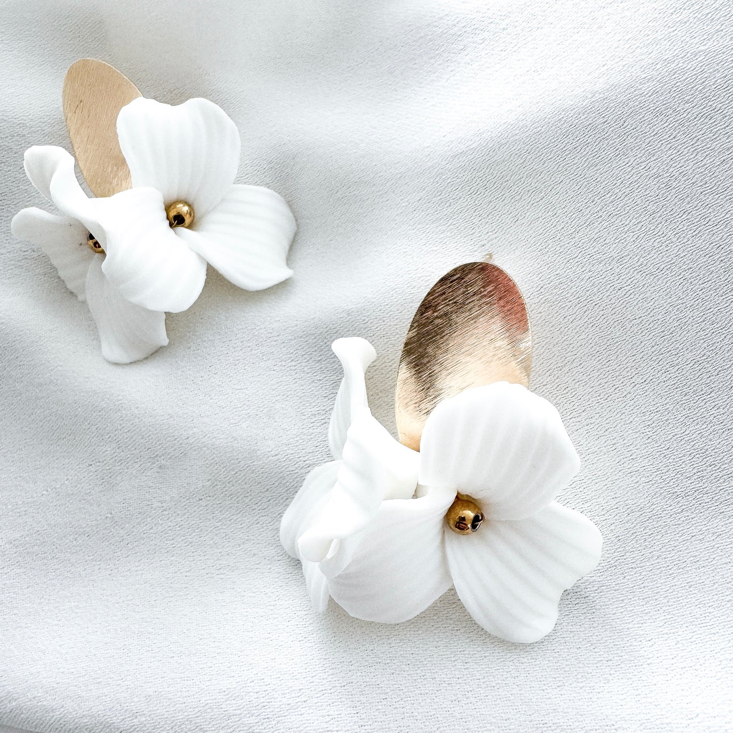 Dahlia Brushed Gold Oval Porcelain Flower Earrings
