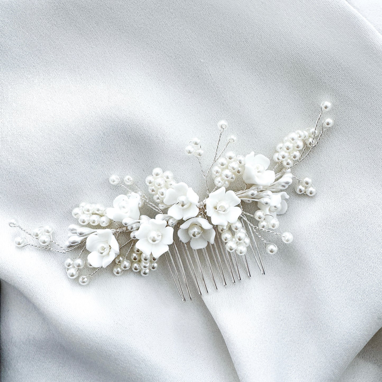 Wedding Bridal Hair Comb with Porcelain Flowers and Ball Pearls