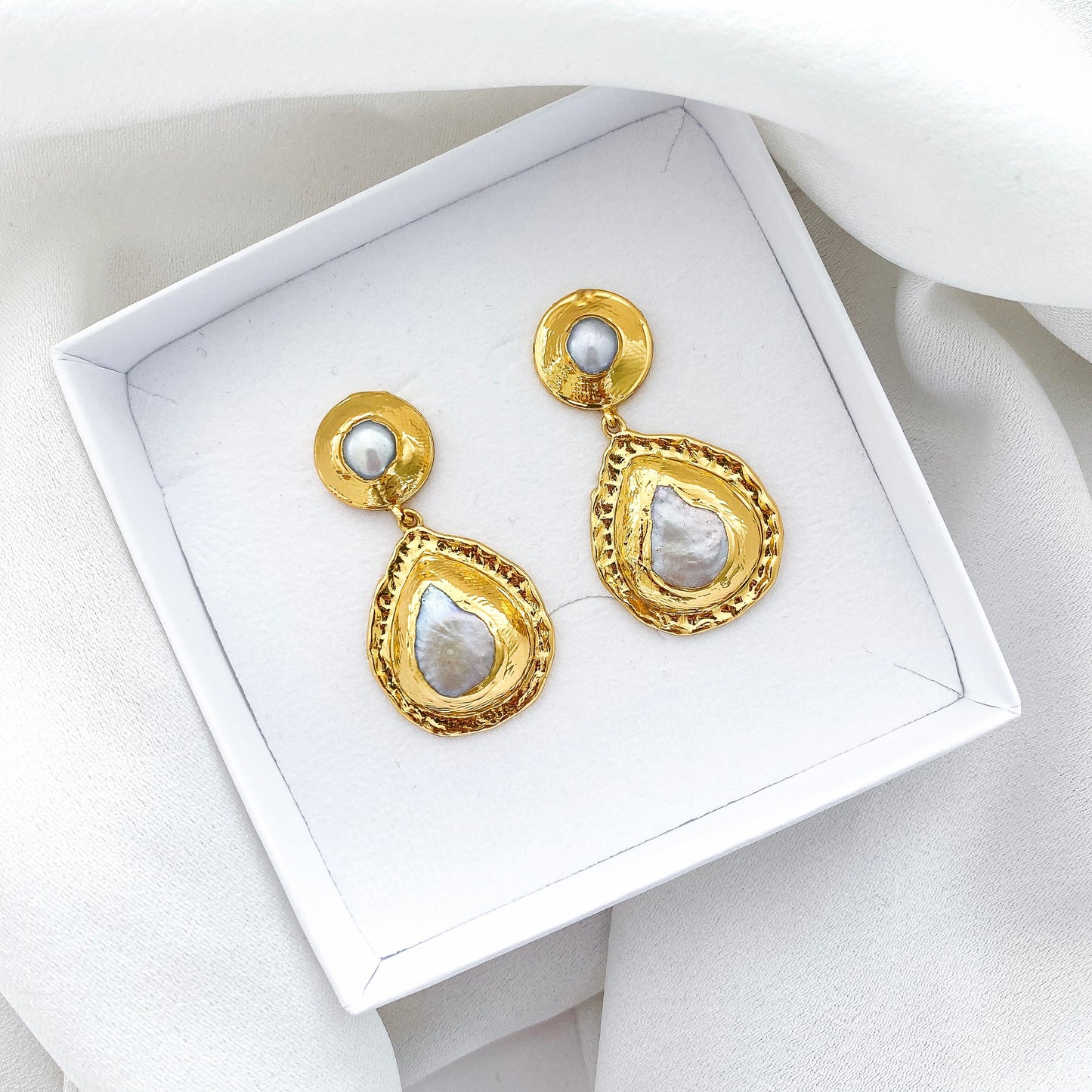 Deluxe Luxury 24k Gold Plated Freshwater Pearl Coin Earrings