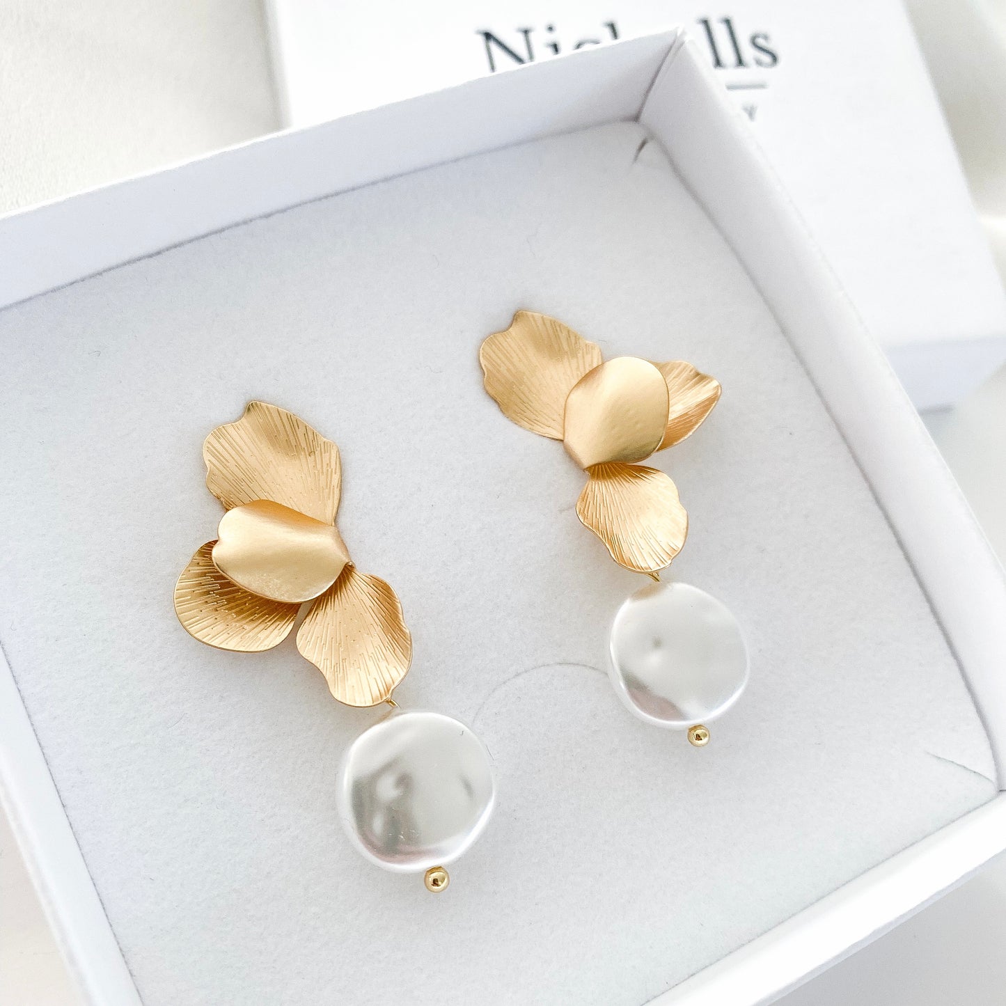 Gold Folded Flower Pearl Earrings