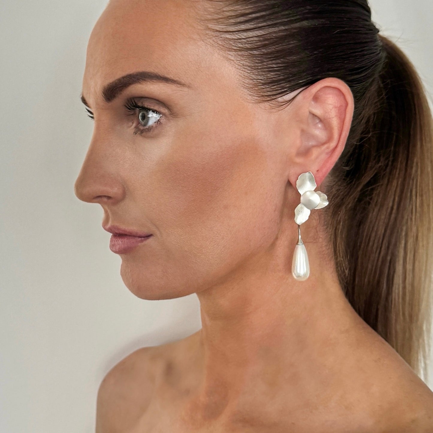 Silver Folded Flower Teardrop Pearl Earrings