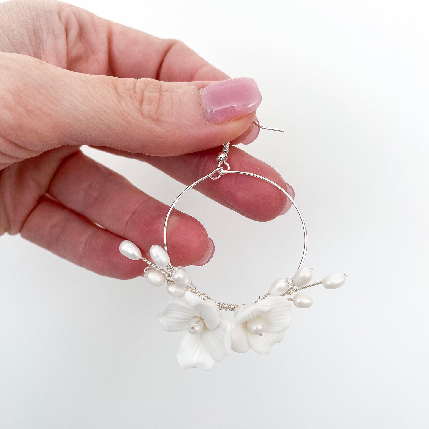 Porcelain Flower Pearl Spray Hoops