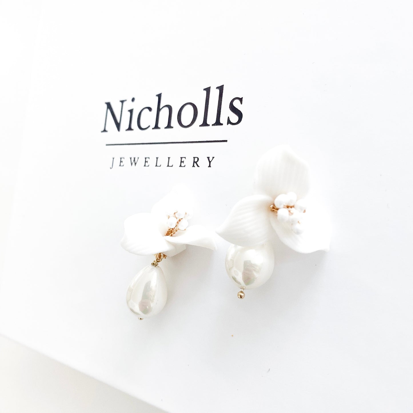 Pretty porcelain 3 petal flower and teardrop pearl earrings