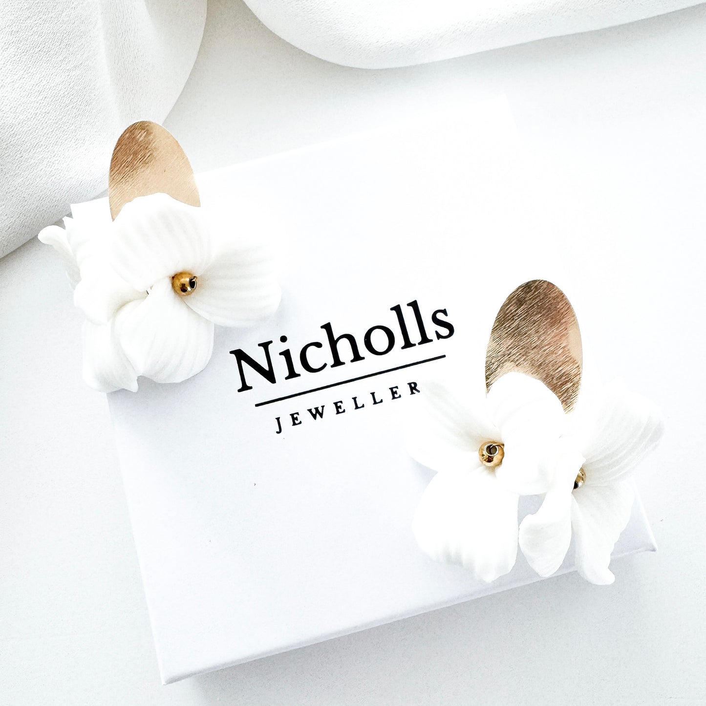 Dahlia Brushed Gold Oval Porcelain Flower Earrings