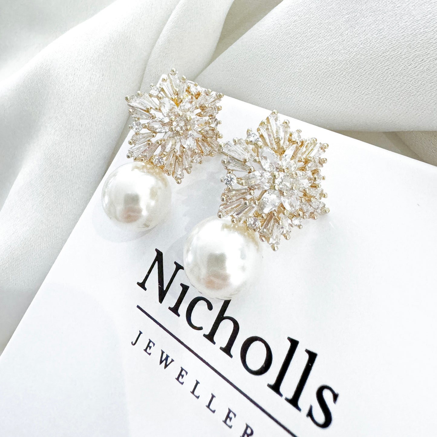 Snowflake Crystal Drop Pearl Gold Earrings