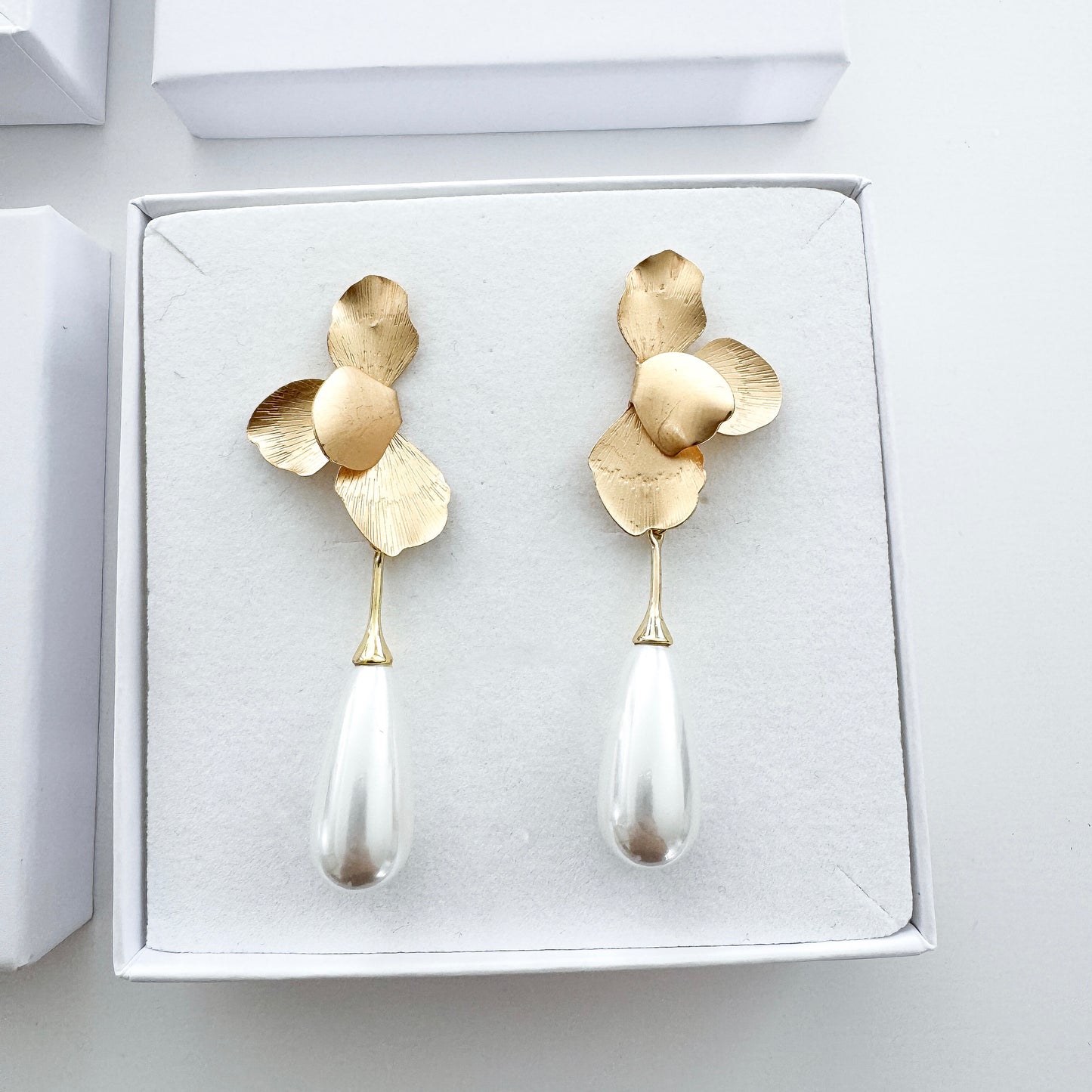 Gold Folded Flower and Teardrop Pearl Earrings