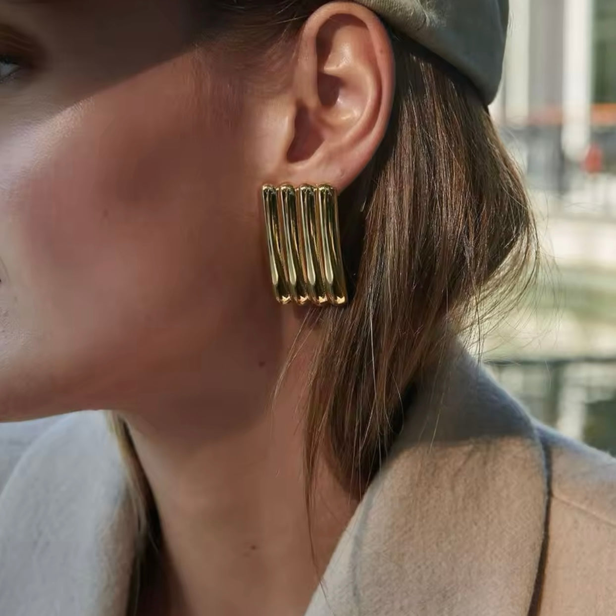 Ridge Rectangle Gold Earrings