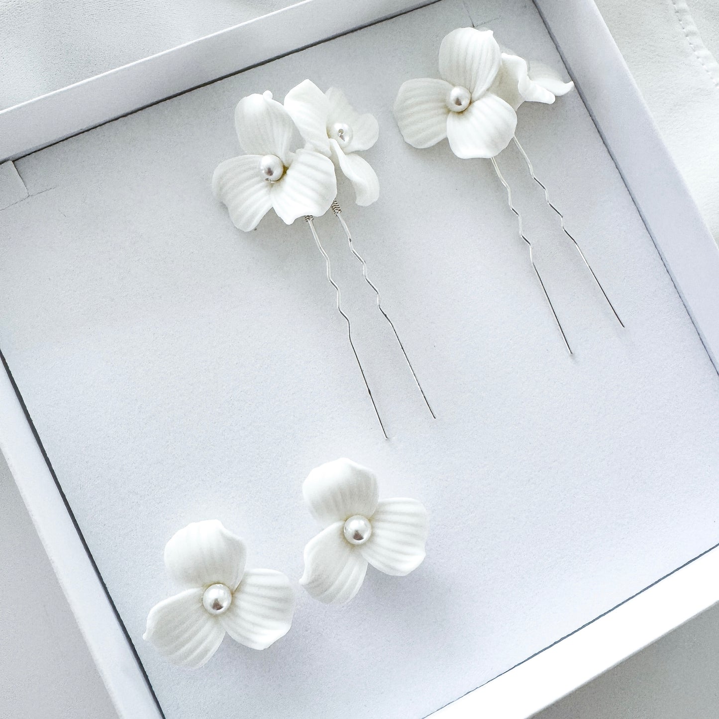 Delicate Porcelain Flower & Pearl Stud Earrings with matching Porcelain Flower Hair Pins