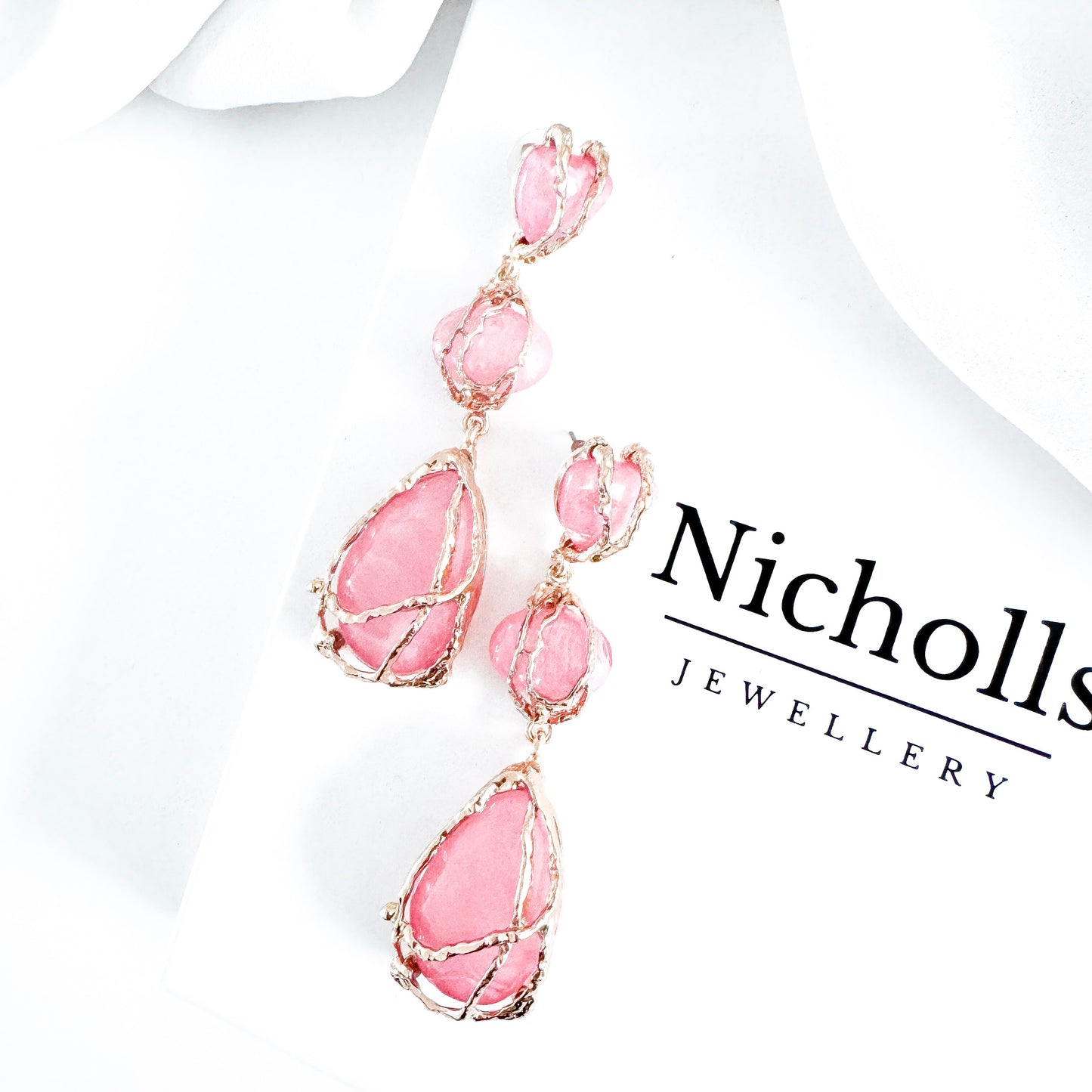 Gold Drip Bright Pink Crystal Drop Earrings – Statement Party, Bridal & Summer Jewellery