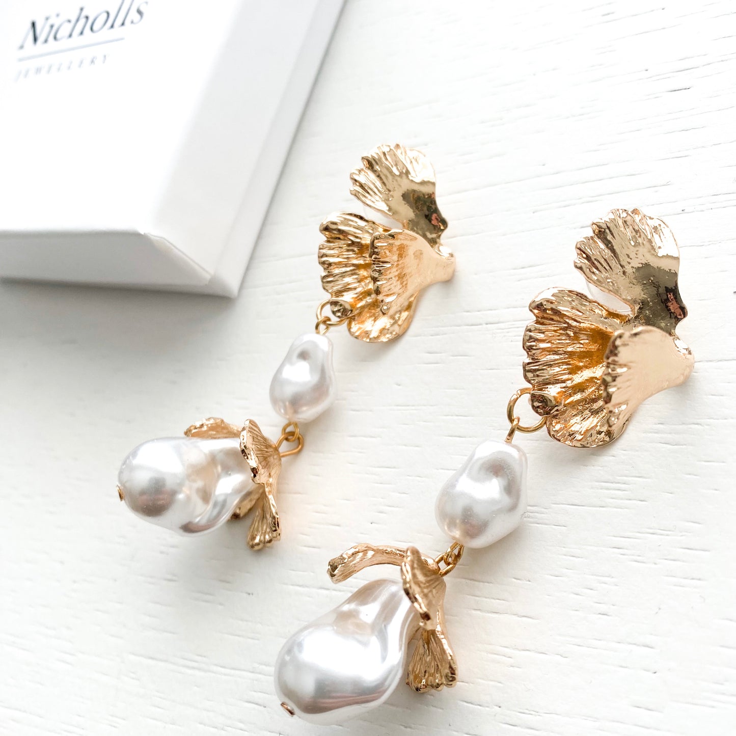 Pearl Bud Fan Leaf Drop Earrings