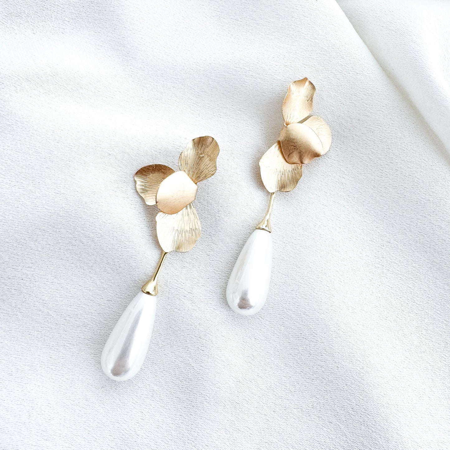 Gold Folded Flower and Teardrop Pearl Earrings