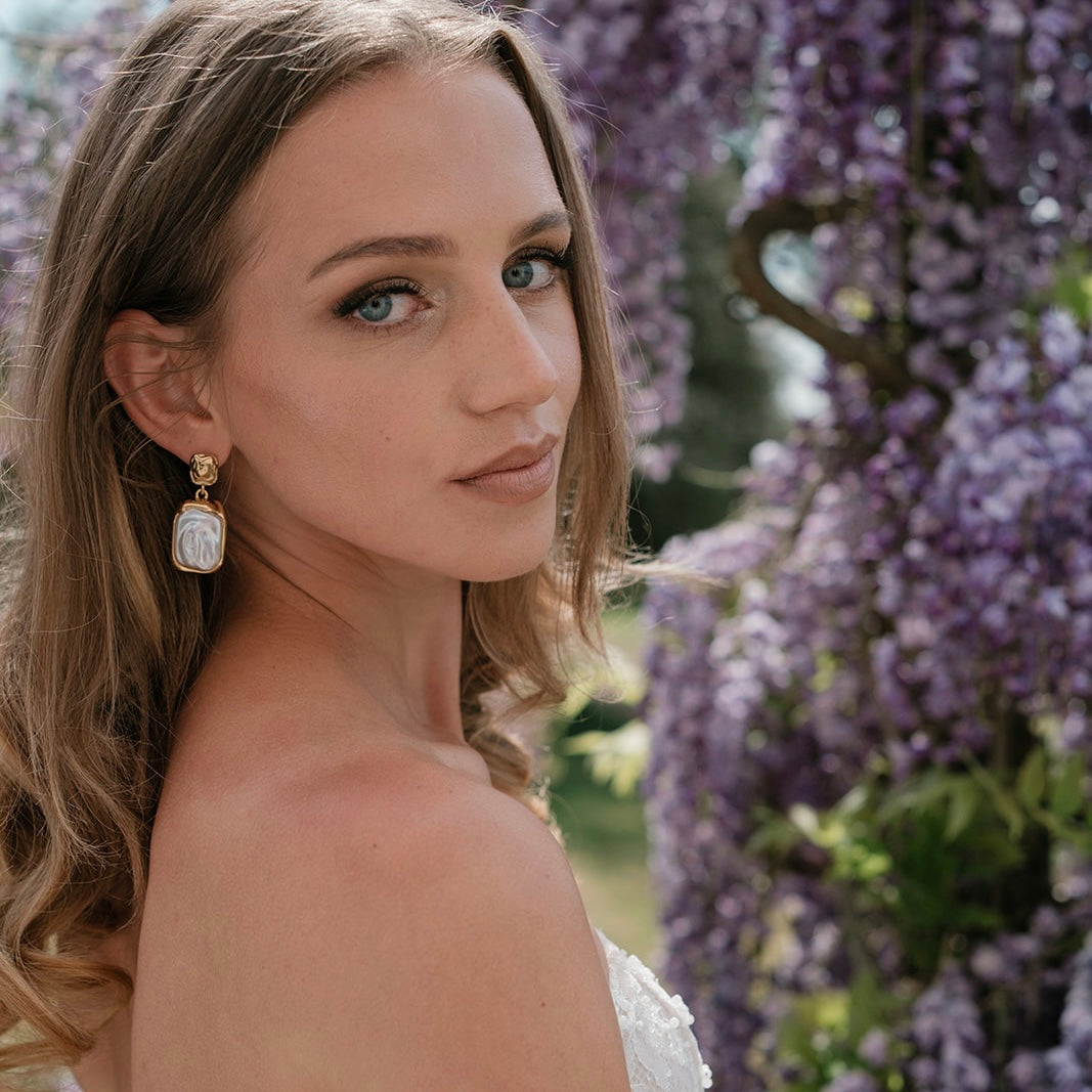 St Tropez Pearl and Gold Rectangle Earrings