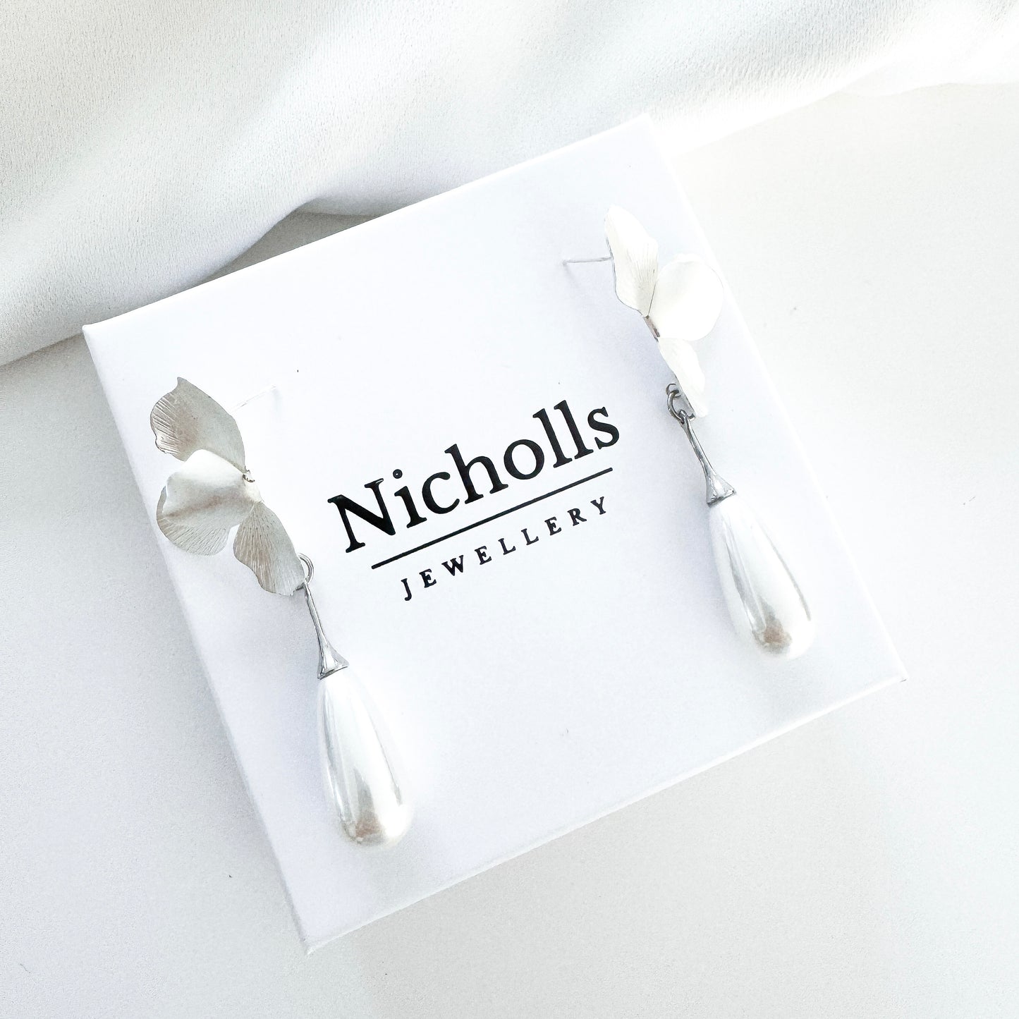 Silver Folded Flower Teardrop Pearl Earrings