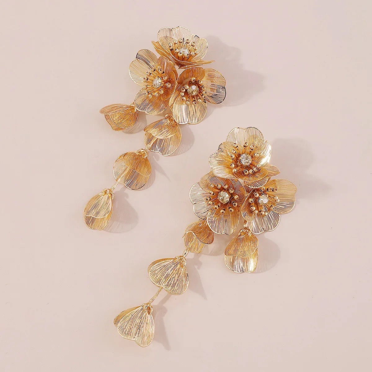 Gold Flower Statement Earrings- Lightweight Waterfall Design