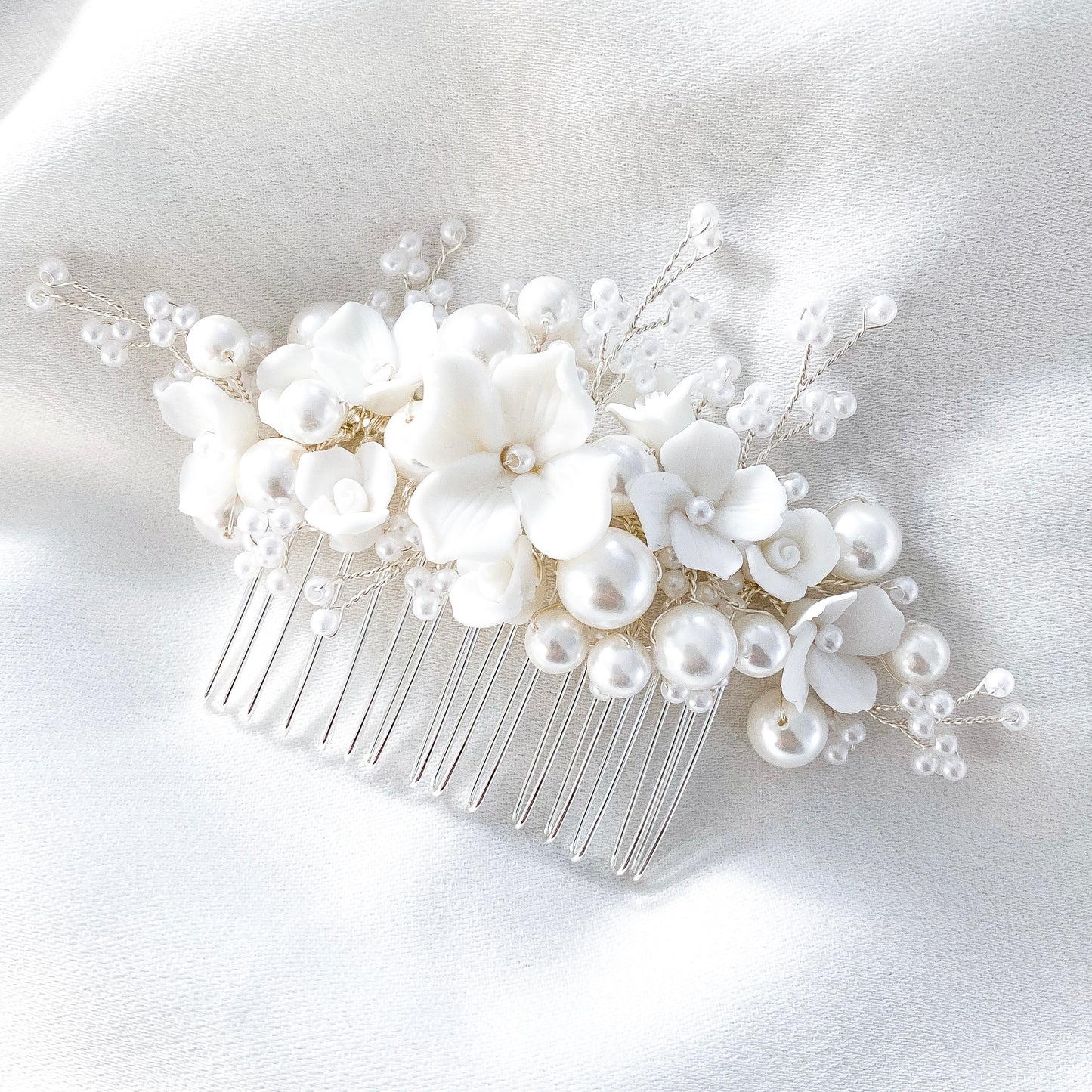 Porcelain Flower and Pearl Spray Earring and Comb Set
