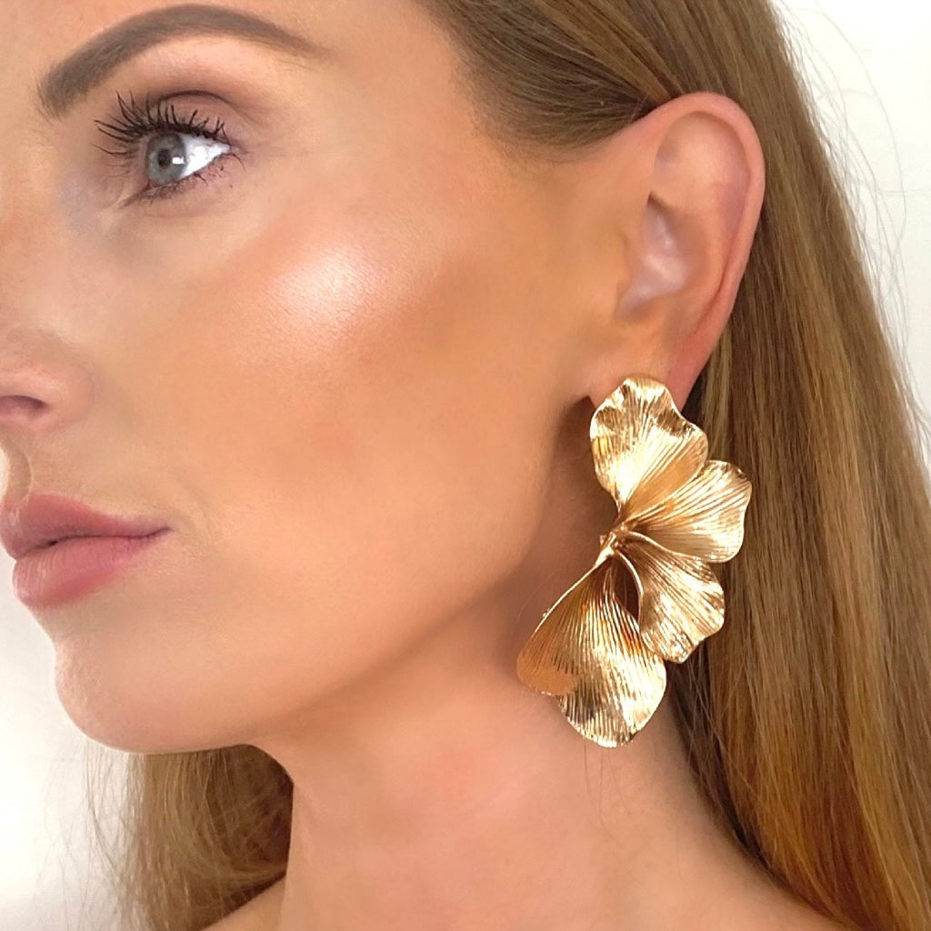 Statement Gold Iris Petal Flower Earrings - Holiday, Christmas & Party Jewellery