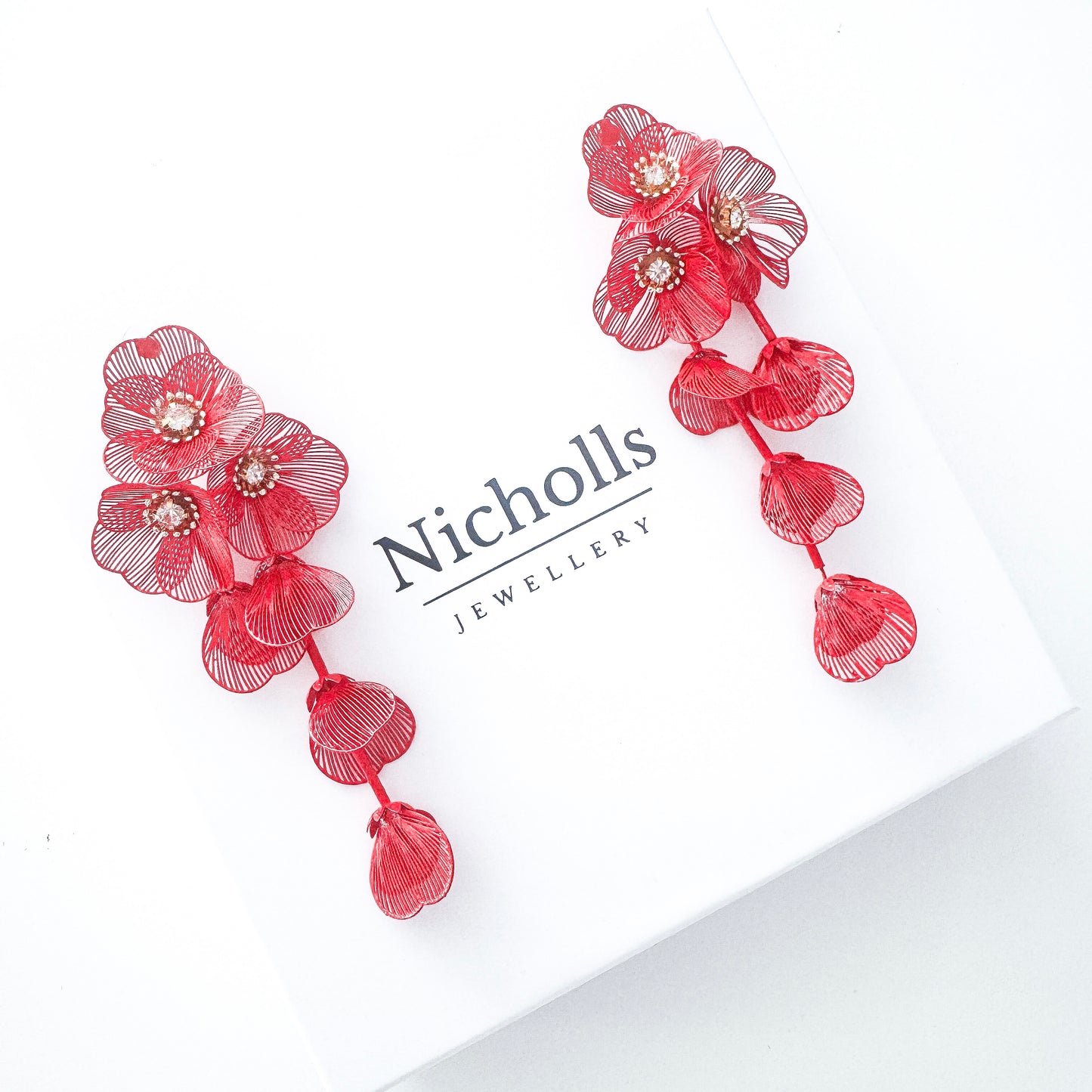 Red Flower Statement Earrings- Lightweight Waterfall Design