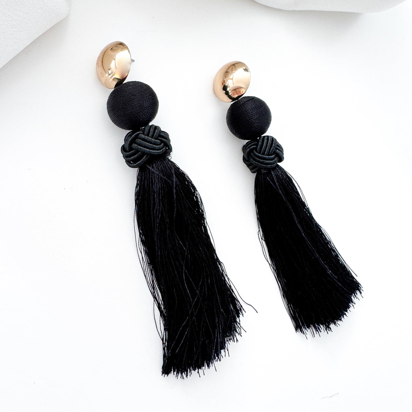 Large Black Tassel Statement Earrings – Gold & Black French Chic Evening Earrings