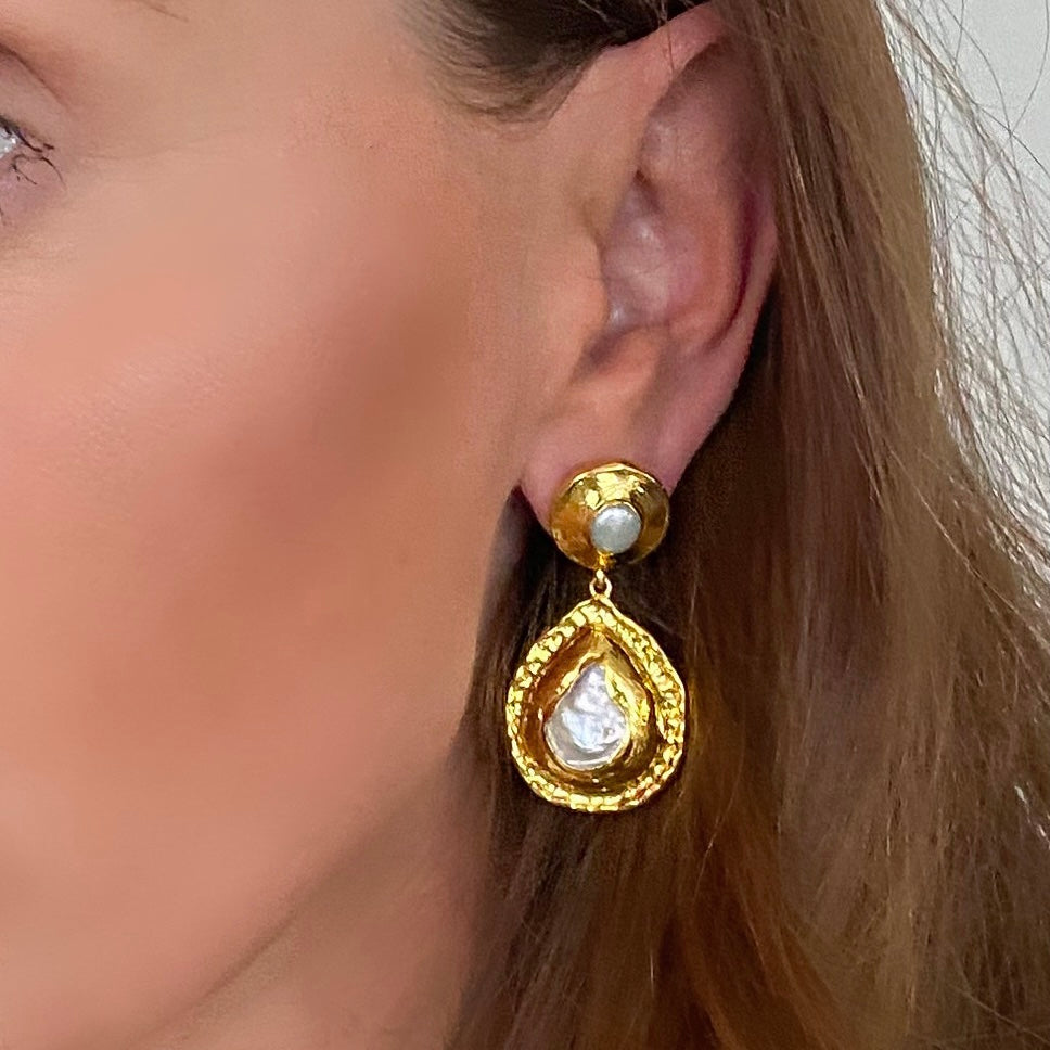 Deluxe Luxury 24k Gold Plated Freshwater Pearl Coin Earrings