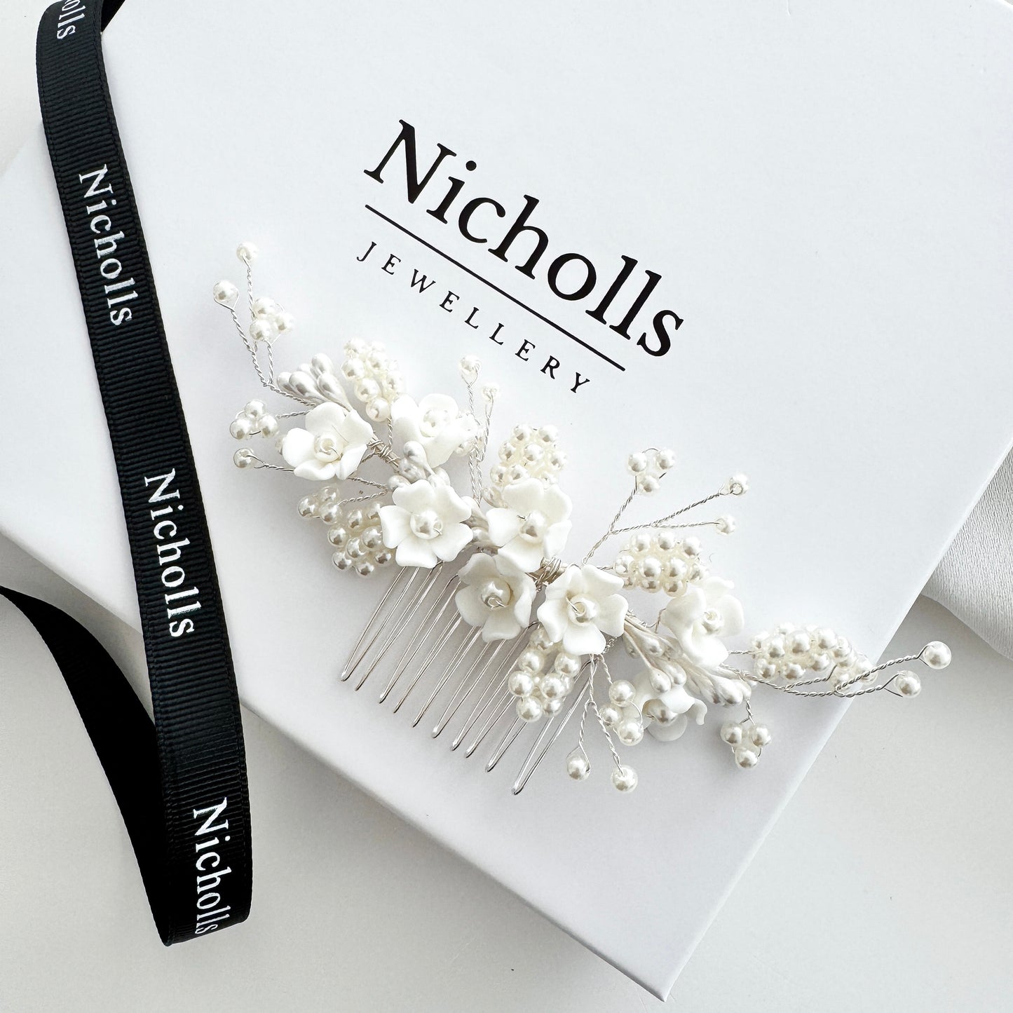 Wedding Bridal Hair Comb with Porcelain Flowers and Ball Pearls