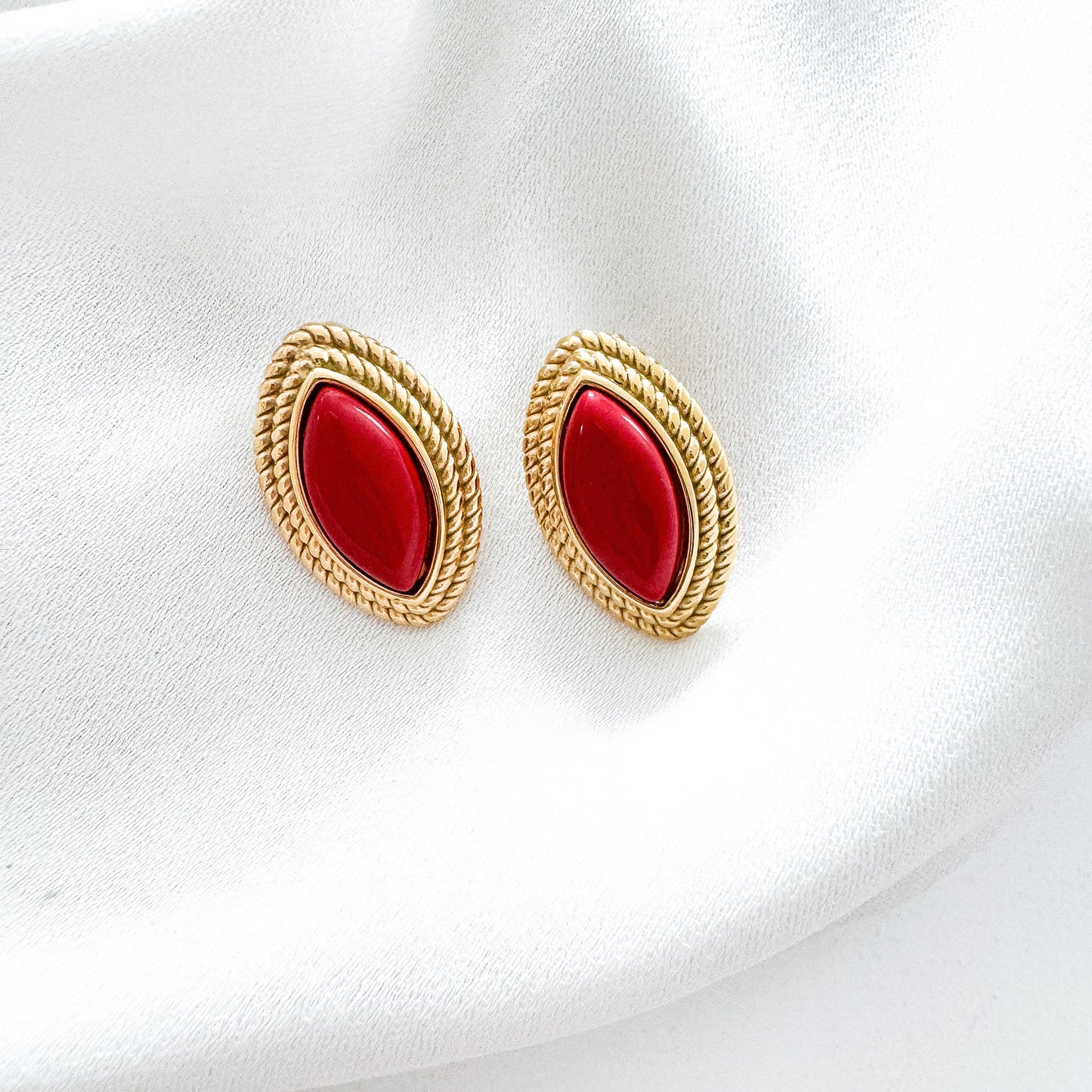 Oval Diamond Shape Red Stone 18k Gold Earrings