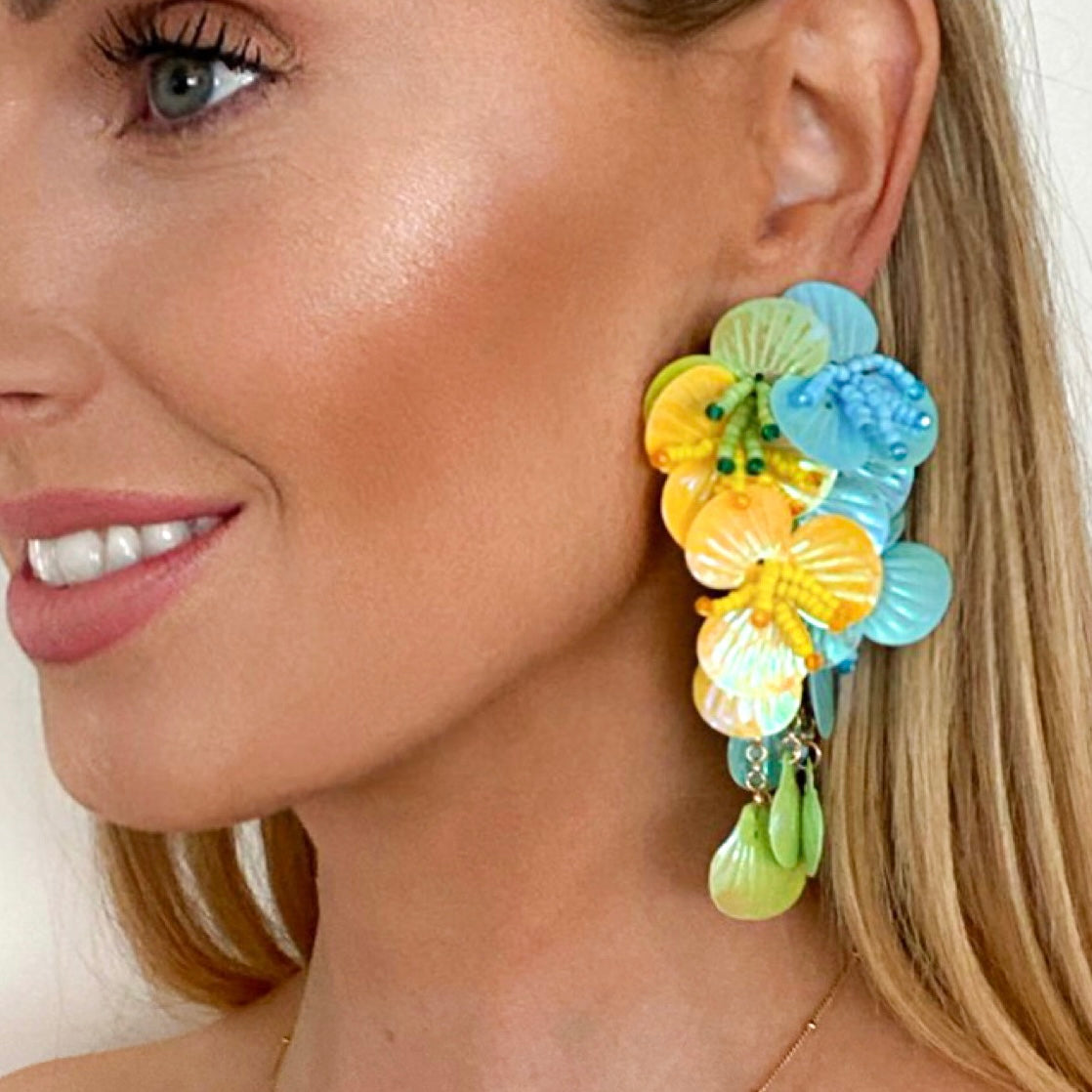 Flower Shell Green, Blue, Yellow Earrings