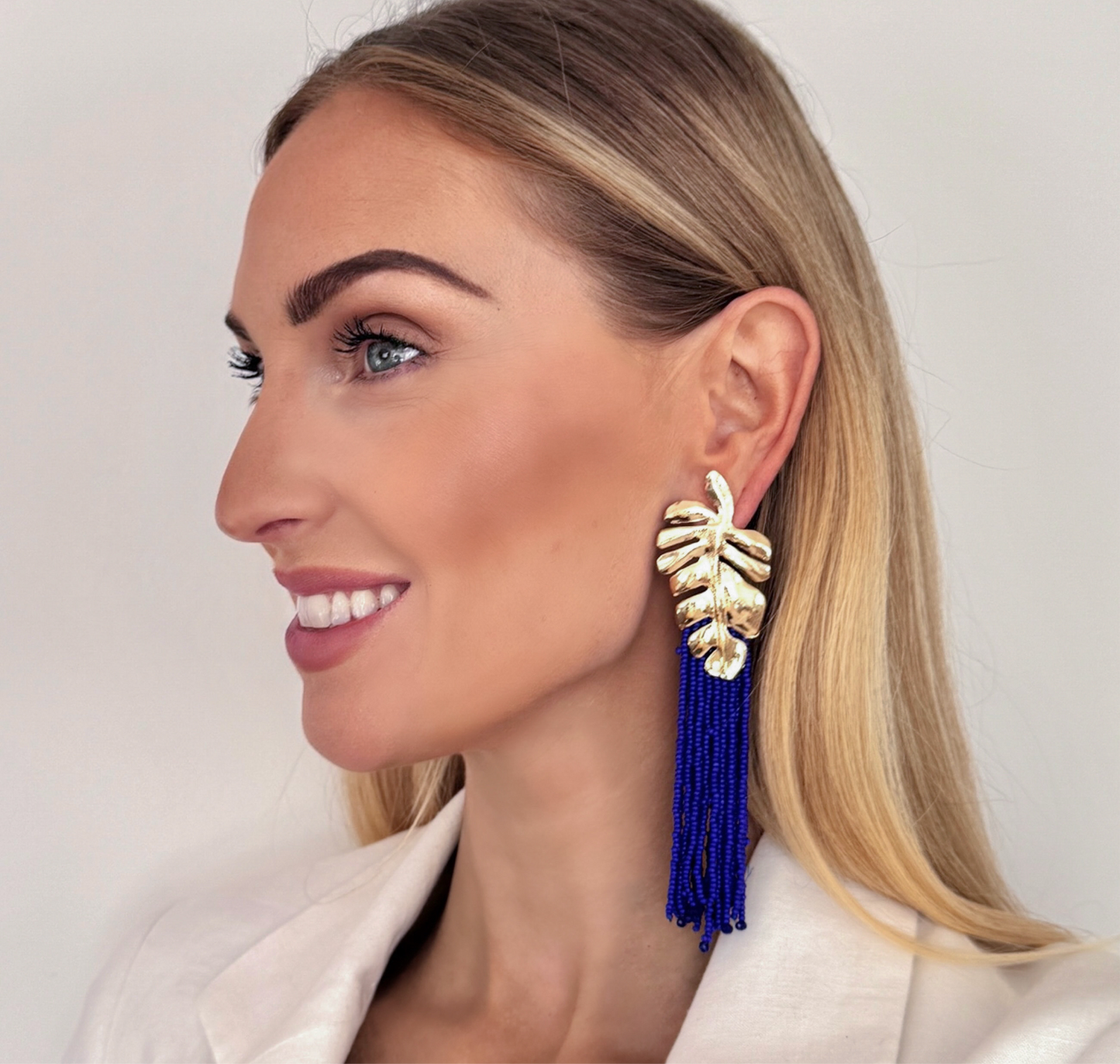 Gold Leaf and Blue Tassel Earrings