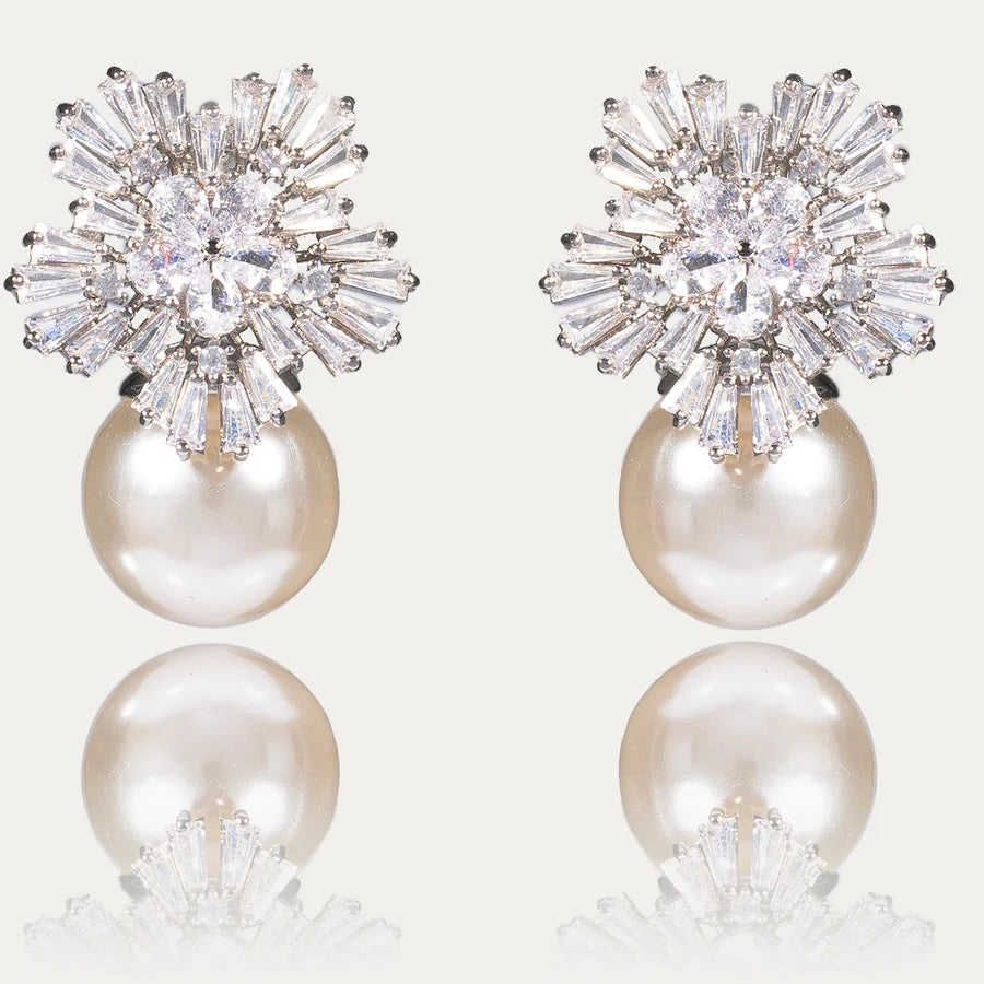 Snowflake Crystal Drop Pearl Earrings