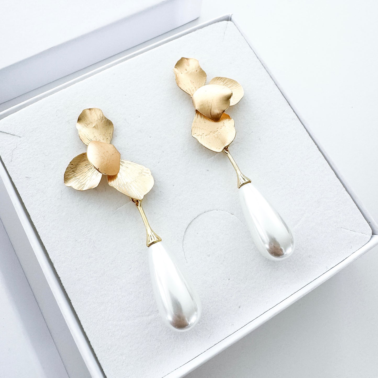 Gold Folded Flower and Teardrop Pearl Earrings