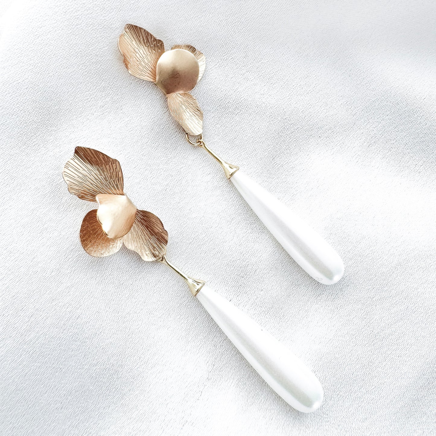 Gold Folded Flower and Long Elegant Pearl Earrings