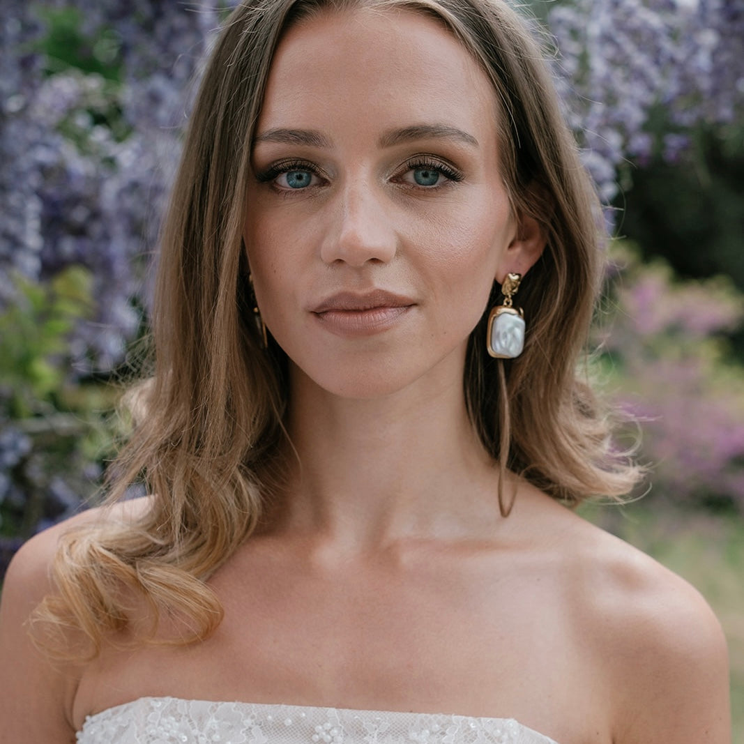 St Tropez Pearl and Gold Rectangle Earrings