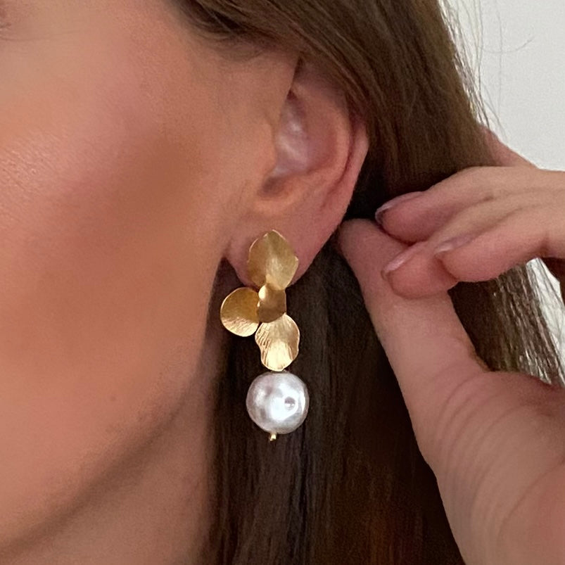 Gold Folded Flower Pearl Earrings