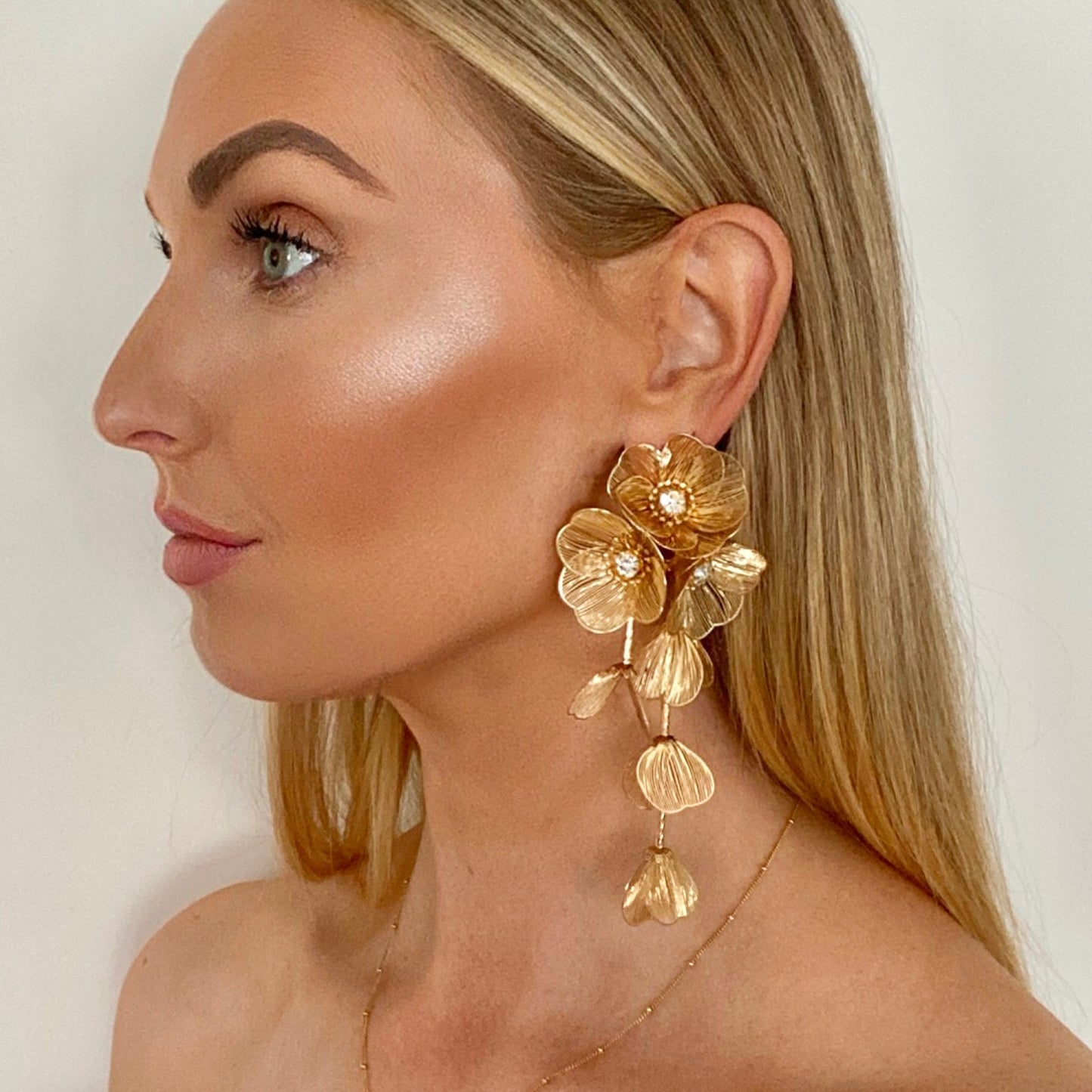 Gold Flower Statement Earrings- Lightweight Waterfall Design