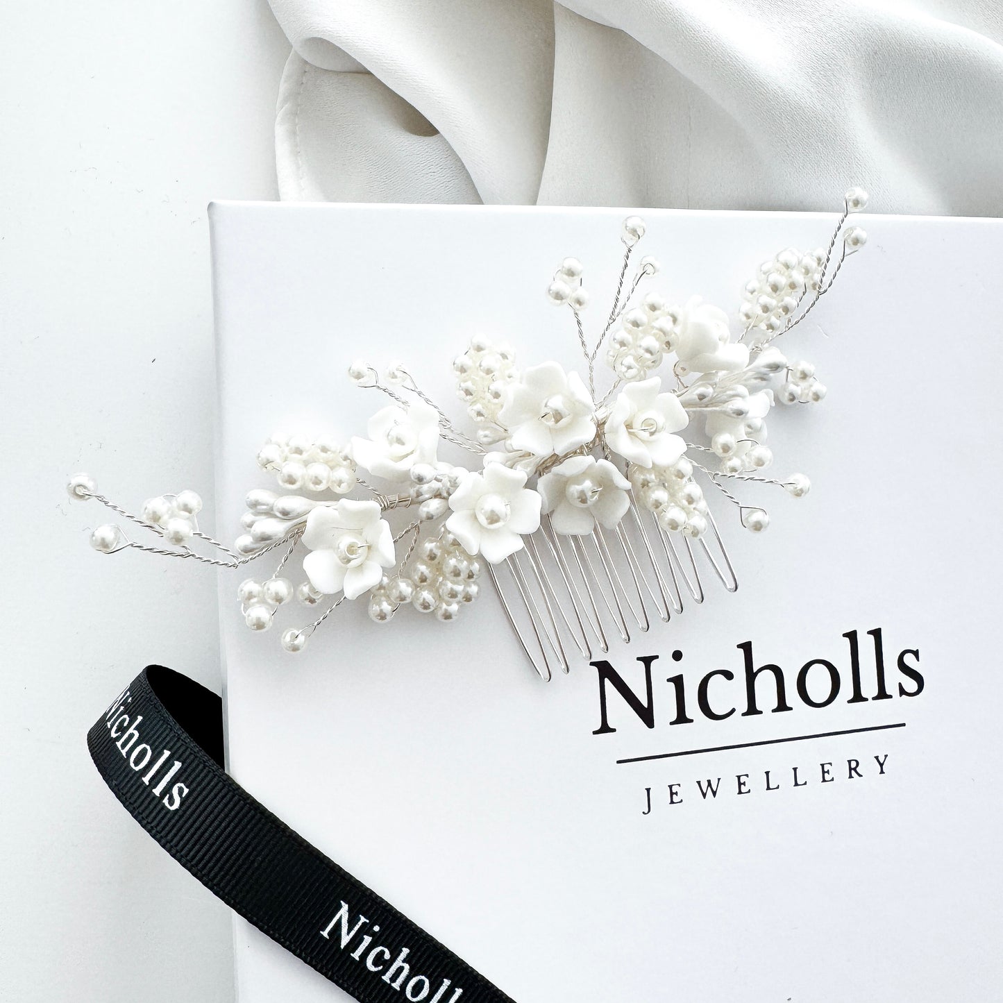 Wedding Bridal Hair Comb with Porcelain Flowers and Ball Pearls