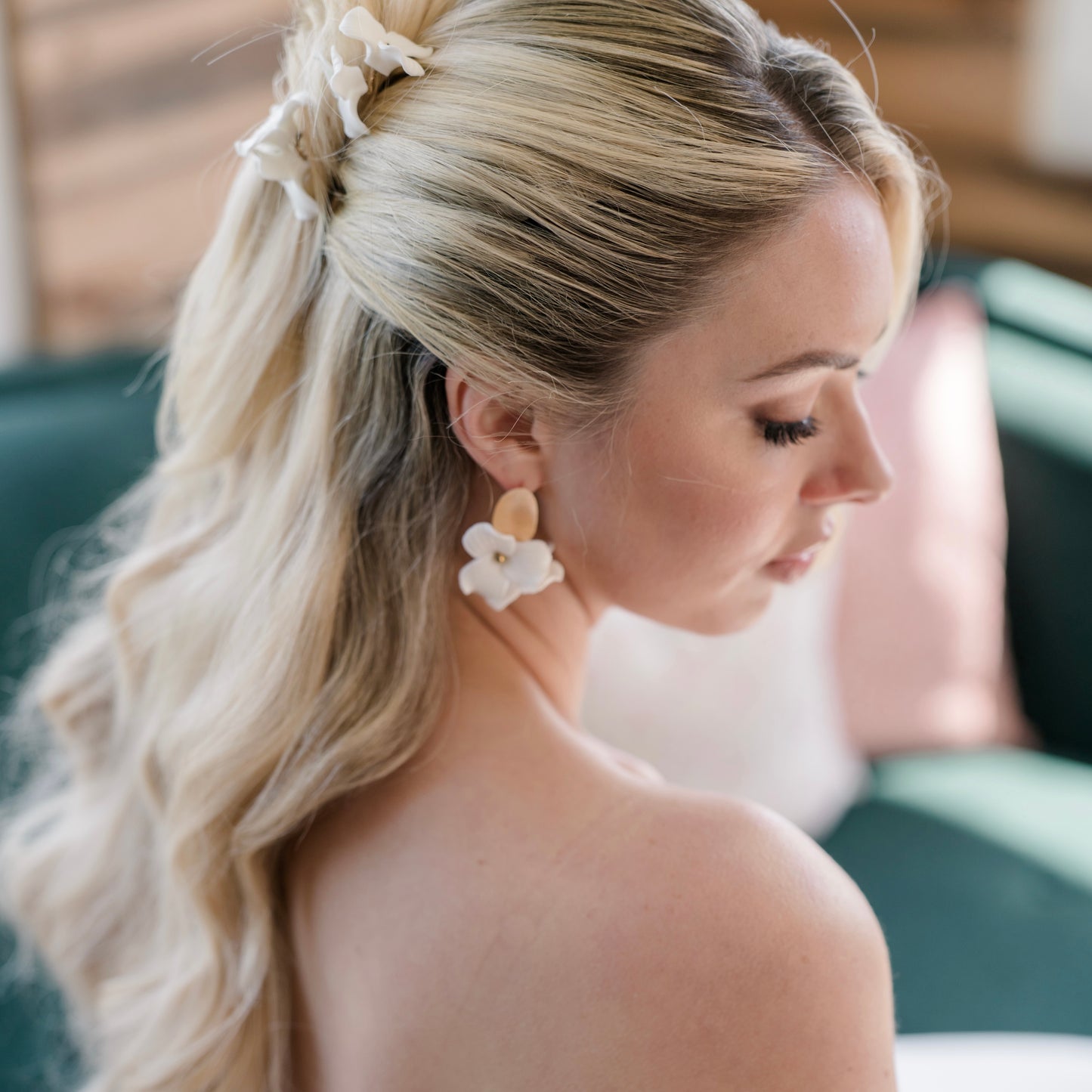 Dahlia Brushed Gold Oval Porcelain Flower Earrings