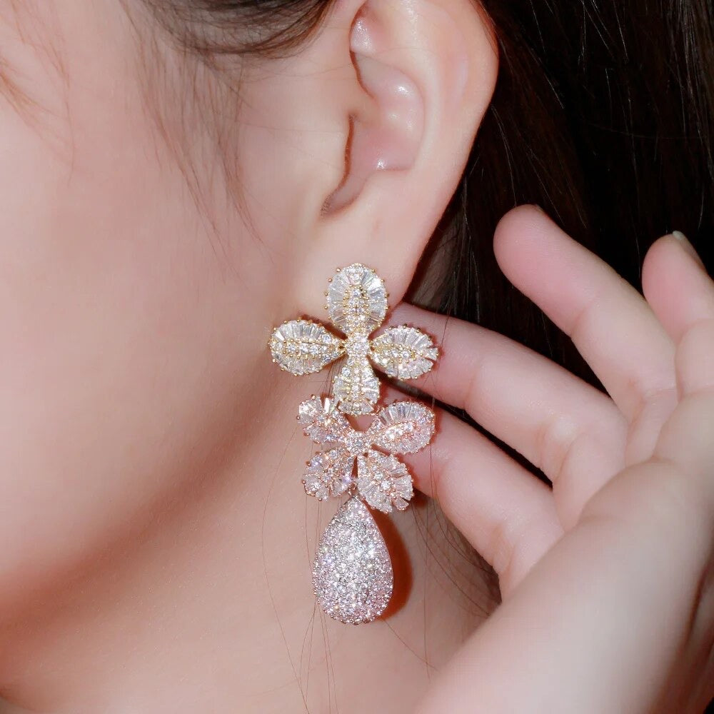 Deluxe Gold, Rose Gold and Silver Crystal Flower Earrings