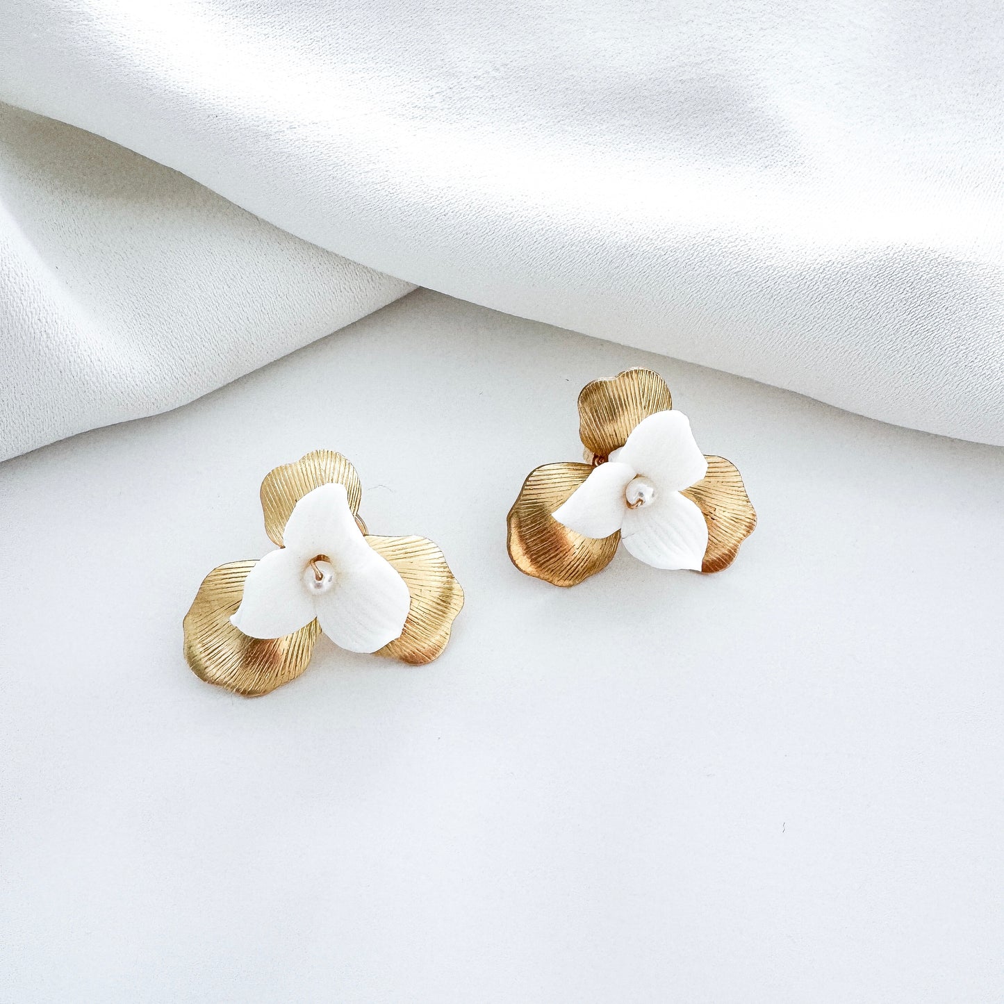 Gold Petal and Porcelain Flower Stud Earrings
