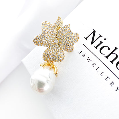 Deluxe Baroque Pearl and Gold Crystal Flower Earrings