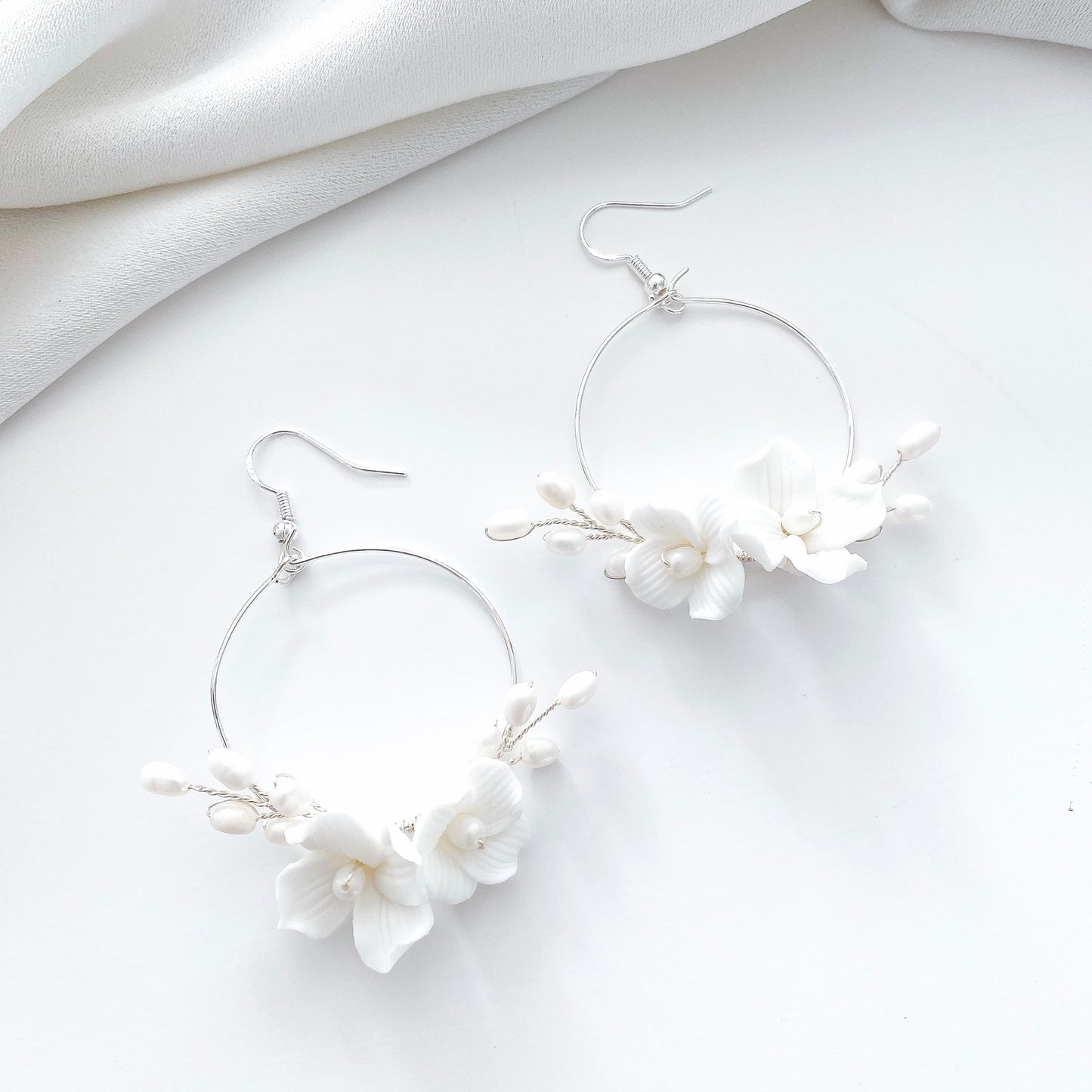 Porcelain Flower Pearl Spray Hoops