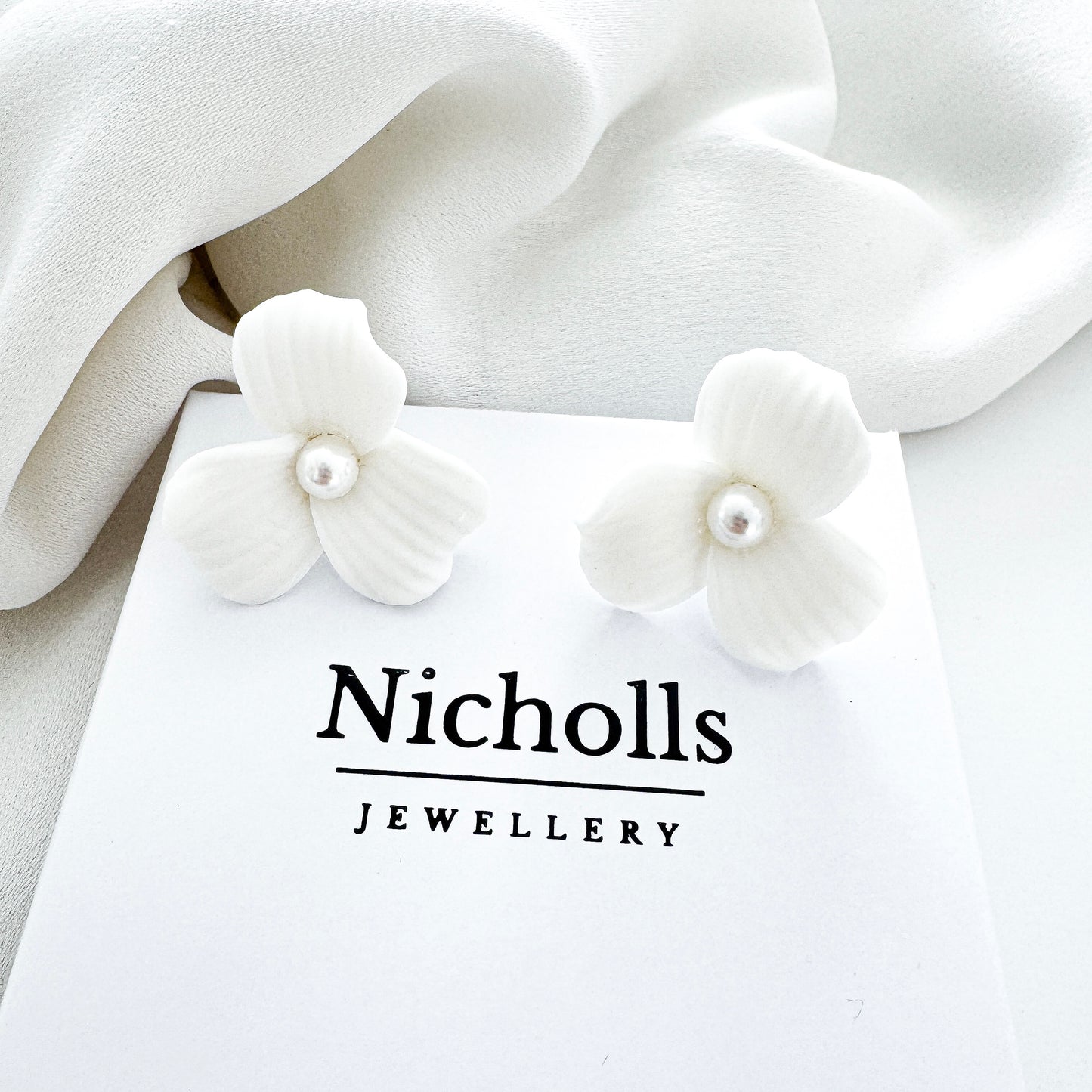 Delicate Porcelain Flower & Pearl Stud Earrings with matching Porcelain Flower Hair Pins