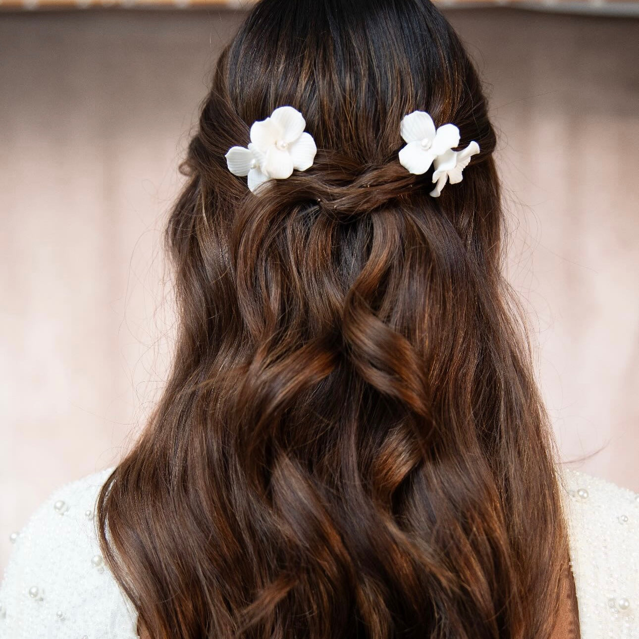 Delicate Porcelain Flower & Pearl Stud Earrings with matching Porcelain Flower Hair Pins