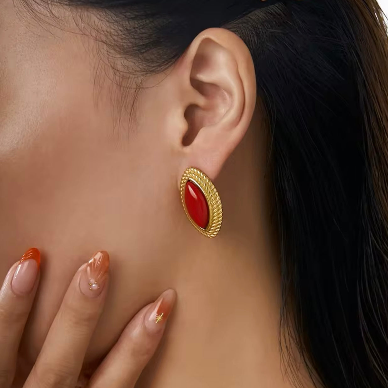Oval Diamond Shape Red Stone 18k Gold Earrings