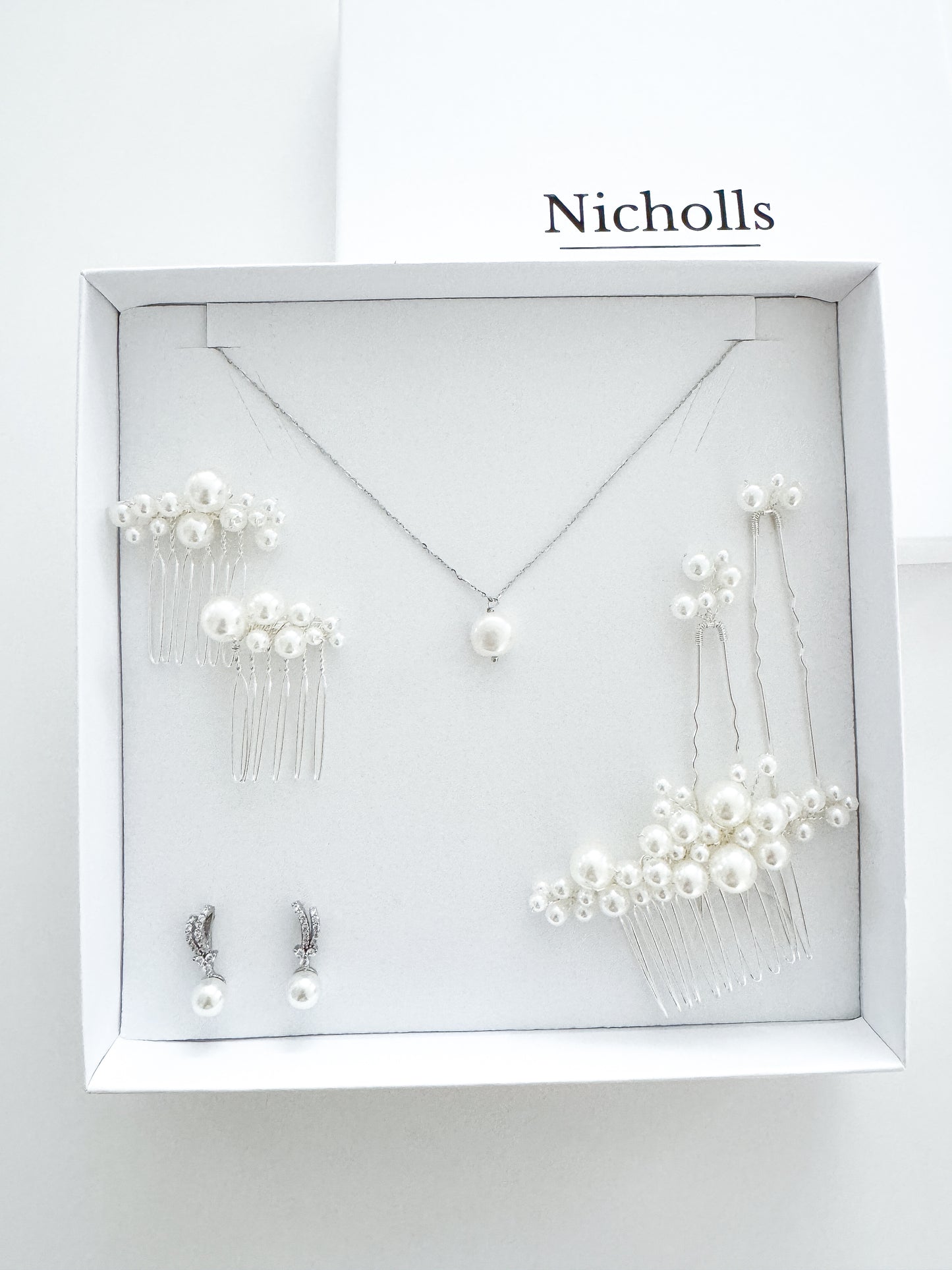 Wish Bone Crystal and Pearl Earring, Comb and Necklace Set