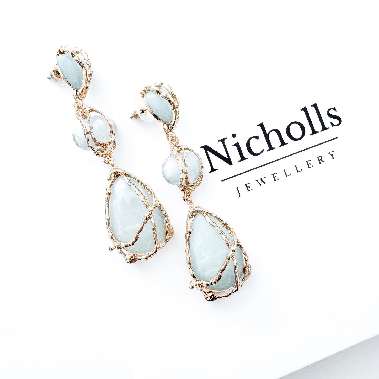 Gold Drip & Blue Grey Crystal Drop Earrings – Statement Party, Bridal & Christmas Jewellery