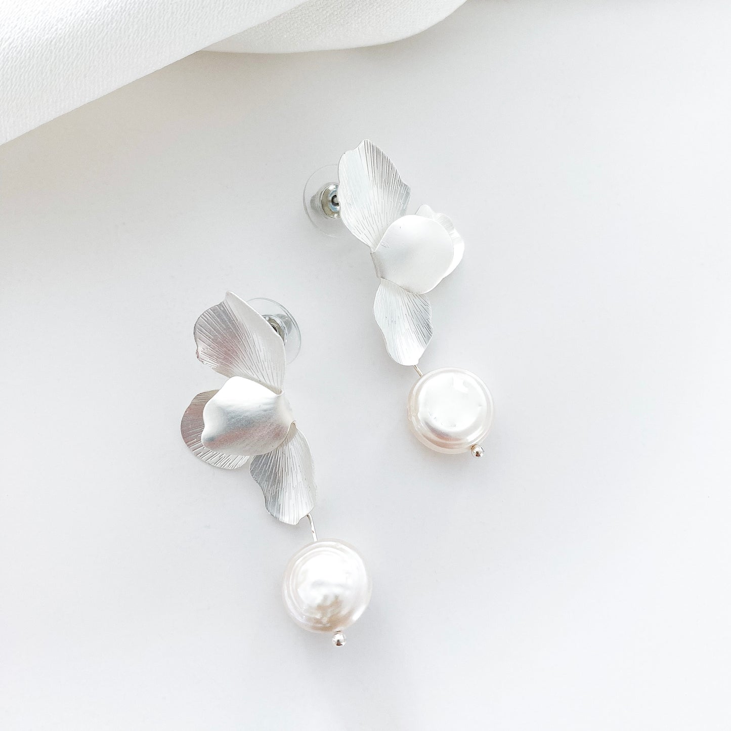 Silver Folded Flower Pearl Earrings