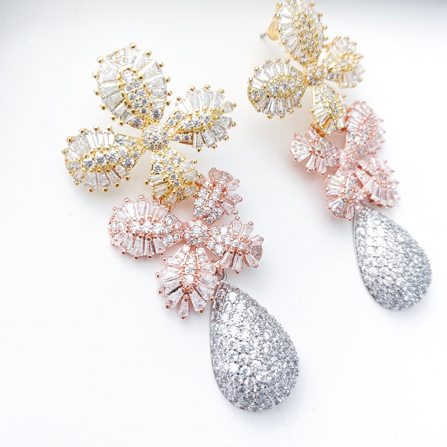 Deluxe Gold, Rose Gold and Silver Crystal Flower Earrings
